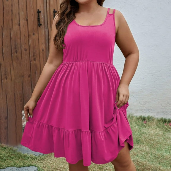 ITSAME Women's Plus Size Dress, Sleeveless Crew Neck Loose Solid Color Summer Flowy Tiered Dresses Hot Pink 5XL