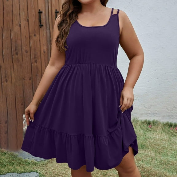 ITSAME Women's Plus Size Dress, Sleeveless Loose Solid Color Crew Neck Summer Flowy Tiered Dresses Purple 3XL