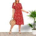 thumbnail image 1 of ITSAME Women's Plus Size Floral Dress, Pleated Flowy Short Sleeve Turndown Collar Summer Beach Midi Dresses Red XL, 1 of 5