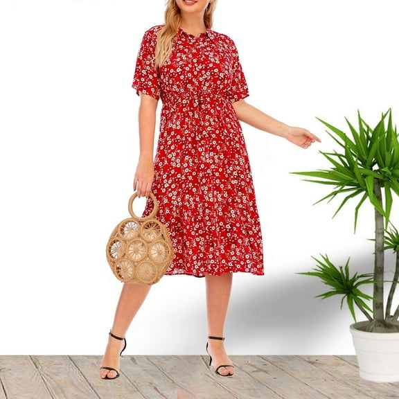 ITSAME Women's Plus Size Floral Dress, Turndown Collar Short Sleeve Pleated Flowy Summer Beach Midi Dresses Red 4XL