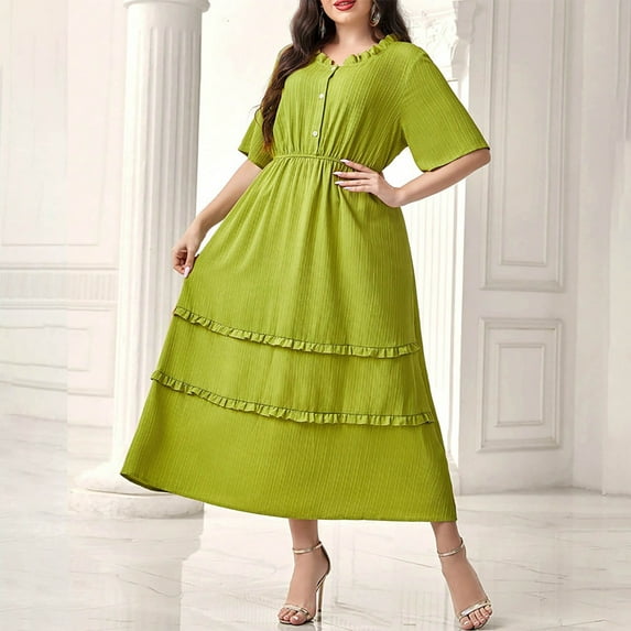ITSAME Women's Plus Size Smocked Dress, Crew Neck Solid Color Short Sleeve Beach Tiered Ruffles Dresses Green 2XL