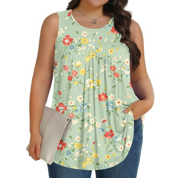 ITSAME Women's Plus Size Tank Tops, Crew Neck Floral Graphic Sleeveless Ladies Summer Casual Flowy Blouse Green XL