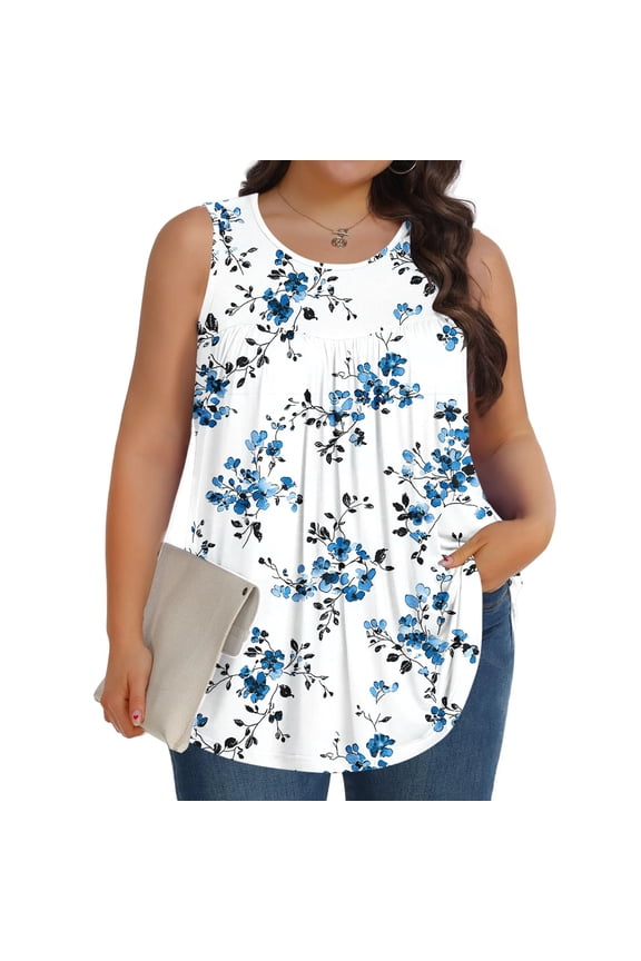 Women's Plus Size Tank Tops, Floral Prints Sleeveless Round Neck Ladies Summer Casual Flowy Blouse White XL