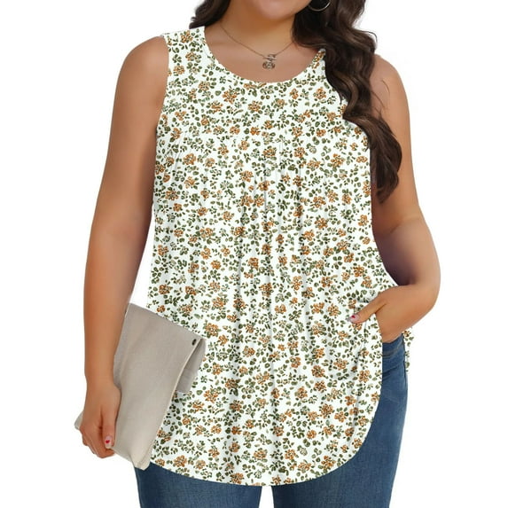 ITSAME Women's Plus Size Tank Tops, Floral Prints Sleeveless Round Neck Summer Casual Loose Blouse Beige 2XL