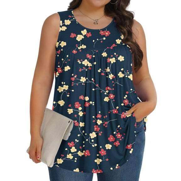 ITSAME Women's Plus Size Tank Tops, Sleeveless Floral Graphic Round Neck Ladies Summer Casual Flowy Blouse Navy XL