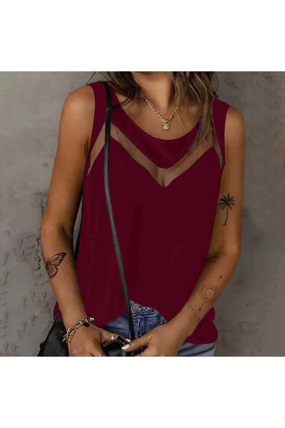 Women's Plus Size Tank Tops, Soft Breathable Lace Sexy Crewneck Sleevless Summer Casual Dressy Blouse Wine L