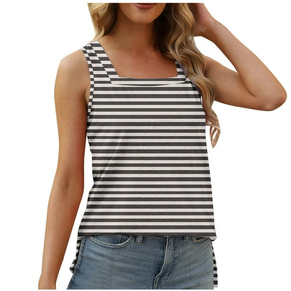 ITSAME Women's Plus Size Tank Tops, Square Neck Loose Fit Striped Summer Causal Fashion Blouse Black M