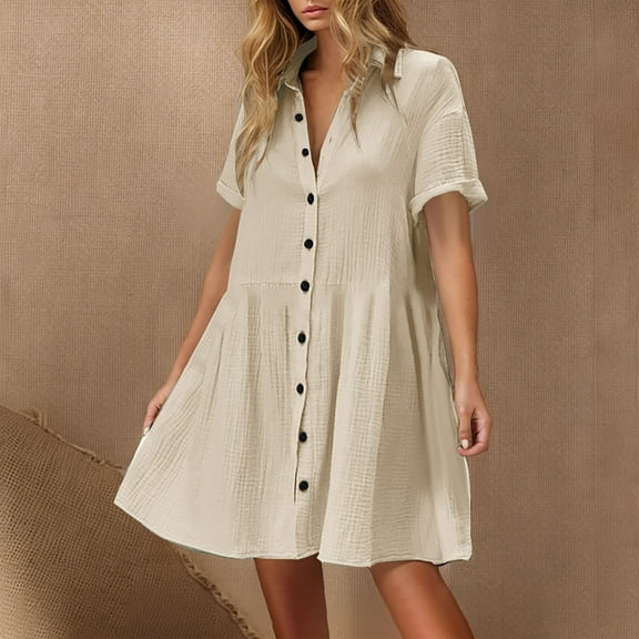 ITSAME Women's Shirt Dress, Cotton Buttons Collar Short Sleeve Casual Loose Pleated Flare Dresses Beige XL