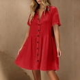 thumbnail image 1 of ITSAME Women's Shirt Dress, Cotton Buttons Collar Short Sleeve Casual Loose Pleated Flare Dresses Red S, 1 of 9