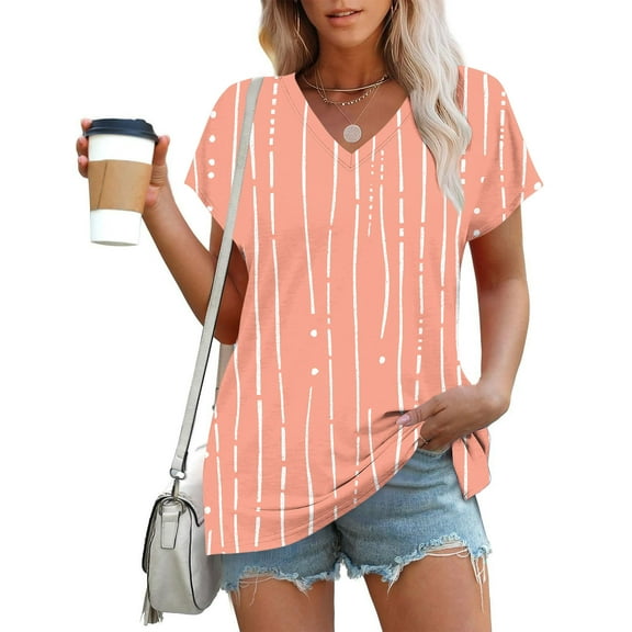 ITSAME Women's Short Sleeve Blouse, V Neck Loose Fit Striped Summer 2025 Casual Dressy T-Shirt Orange S
