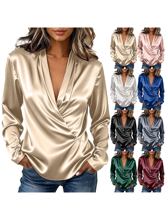 Women's Silky Satin Blouses Deep V-Neck Loose Fit Long Sleeve Shirt Fashion Casual Tops Gray Size 3XL