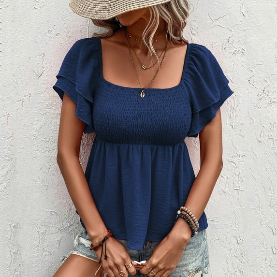 ITSAME Women's Smocked Blouse, Square Neck Ruffles Short Sleeve Breathable Flowy Summer Casual Dressy Tunic Tops Navy L