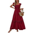 thumbnail image 1 of ITSAME Women's Smocked Dress, Pleated Lace Square Neck Ruffles Strap Summer Boho Beach Maxi Dress Wine M, 1 of 9