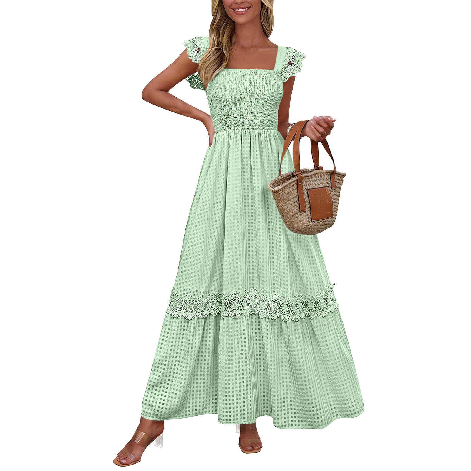 Itsame Women's Smocked Dress, Ruffles Strap Pleated Lace Square Neck Summer Boho Beach Maxi Dress Mint Green XL Itsame Women's Smocked Dress, Ruffles Strap Pleated Lace Square Neck Summer Boho Beach Maxi Dress Mint Green XL