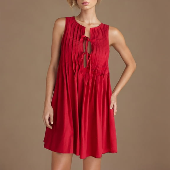 ITSAME Women's Smocked Dress, Sleeveless Solid Color Crew Neck Lace-up Summer Casual Pleated Sundress Red S