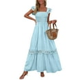 thumbnail image 1 of ITSAME Women's Smocked Dress, Square Neck Pleated Lace Ruffles Strap Summer Boho Beach Maxi Dress Light Blue L, 1 of 9