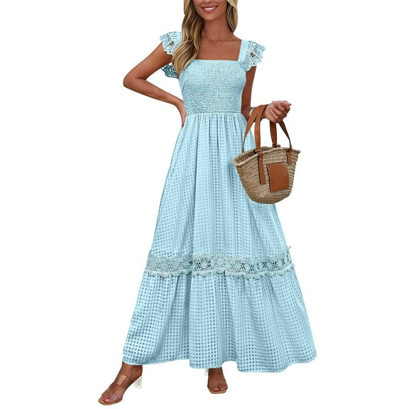 ITSAME Women's Smocked Dress, Square Neck Pleated Lace Ruffles Strap Summer Boho Beach Maxi Dress Light Blue L