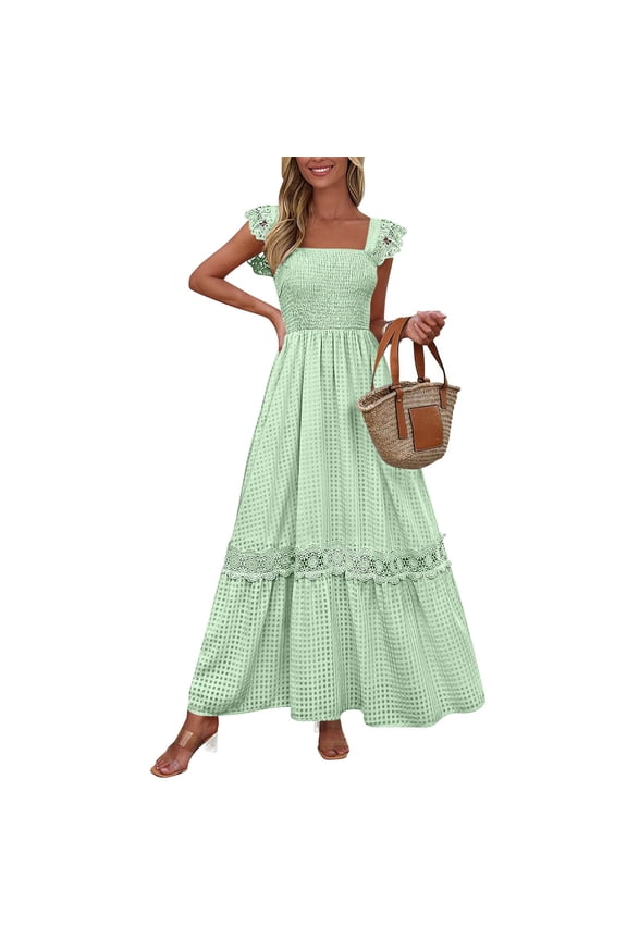 Women's Smocked Dress, Square Neck Ruffles Strap Pleated Lace Summer Boho Beach Maxi Dress Mint Green S