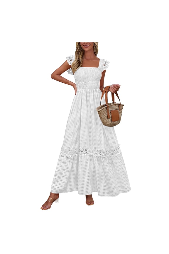 Women's Smocked Dress, Square Neck Ruffles Strap Pleated Lace Summer Boho Beach Maxi Dress White 2XL