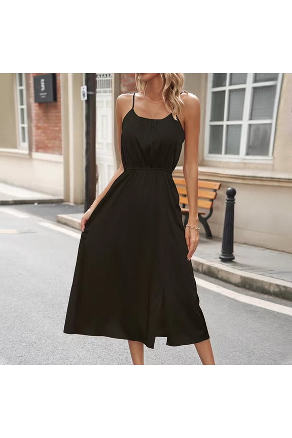 Women's Summer Dress, Sexy Split Hem Spaghetti Strap Backless Elegant Beach Long Dresses Black XL