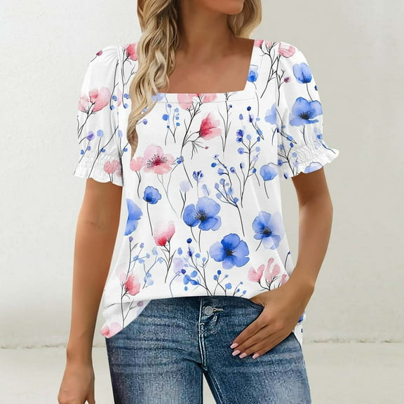 ITSAME Women's Summer Tops, Floral Prints Square Neck Bubble Short Sleeve Casual Dressy Blouse White M