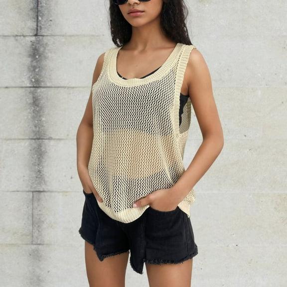 ITSAME Women's Tank Tops, Breathable Fashion Sleeveless Mesh Hollow Out Summer Casual Beach Blouse Beige L