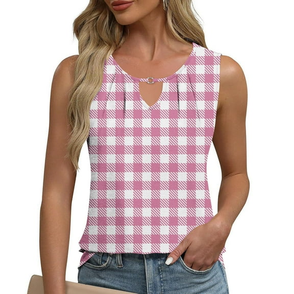 ITSAME Women's Tank Tops, Checked Graphic Sleeveless V Neck Summer 2025 Fashion Casual Blouse Pink L