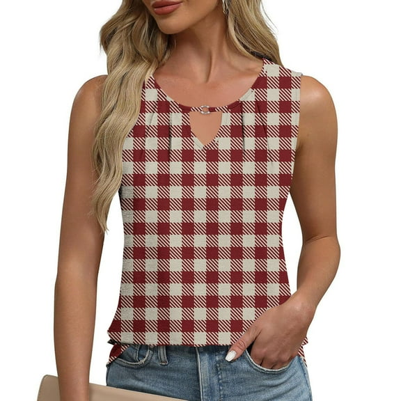 ITSAME Women's Tank Tops, Checked Graphic V Neck Sleeveless Summer 2025 Fashion Casual Blouse Red 2XL