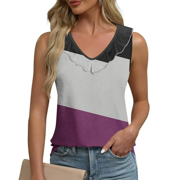 ITSAME Women's Tank Tops, Color Block Loose Fit V Neck Summer Causal Fashion Blouse Purple S