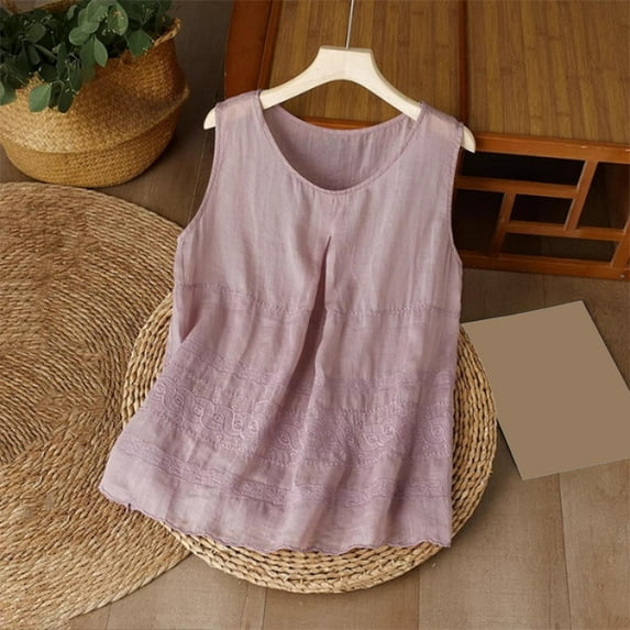 ITSAME Women's Tank Tops, Cotton Linen Loose Pleated Crew Neck Summer 2025 Casual Blouse Purple XL