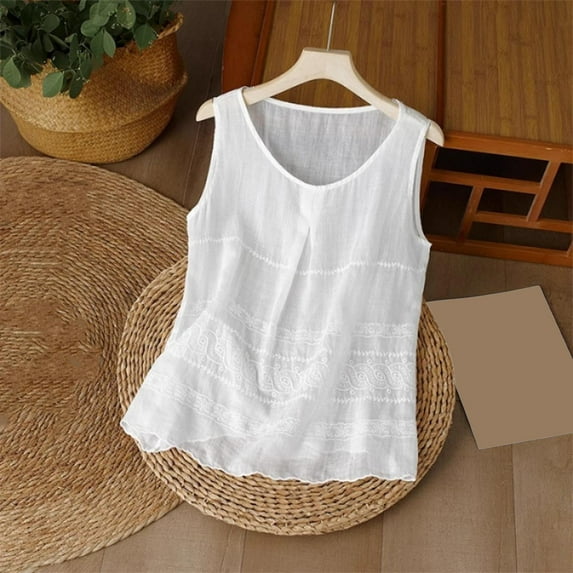 ITSAME Women's Tank Tops, Crew Neck Cotton Linen Loose Pleated Summer 2025 Casual Blouse White L