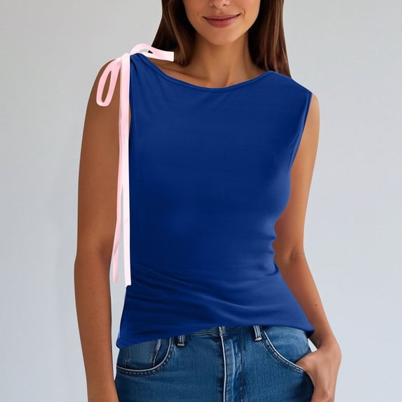 ITSAME Women's Tank Tops, Crew Neck Loose Fit Sweet Bow Shoulder Summer 2025 Causal Fashion Blouse Blue L