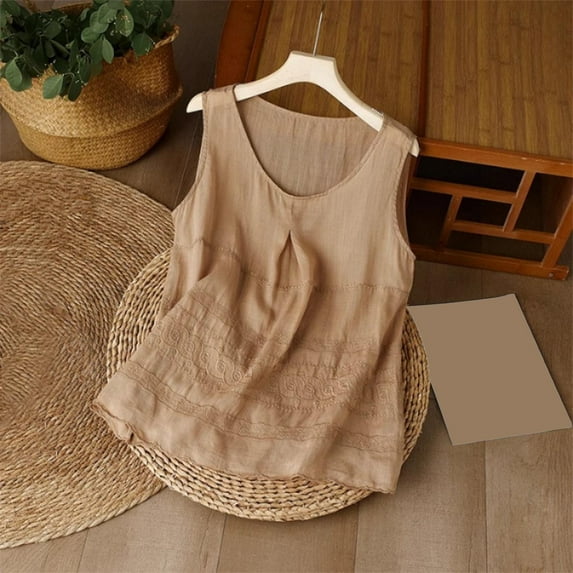 ITSAME Women's Tank Tops, Crew Neck Loose Pleated Cotton Linen Summer 2025 Casual Blouse Khaki M