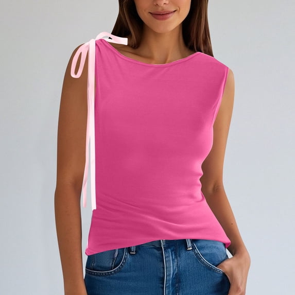 ITSAME Women's Tank Tops, Crew Neck Sweet Bow Shoulder Loose Fit Summer 2025 Causal Fashion Blouse Hot Pink L