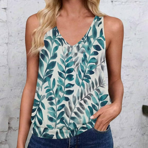 ITSAME Women's Tank Tops, Floral Prints Sleeveless V-Neck Summer Casual Loose Basic Blouse Green XL