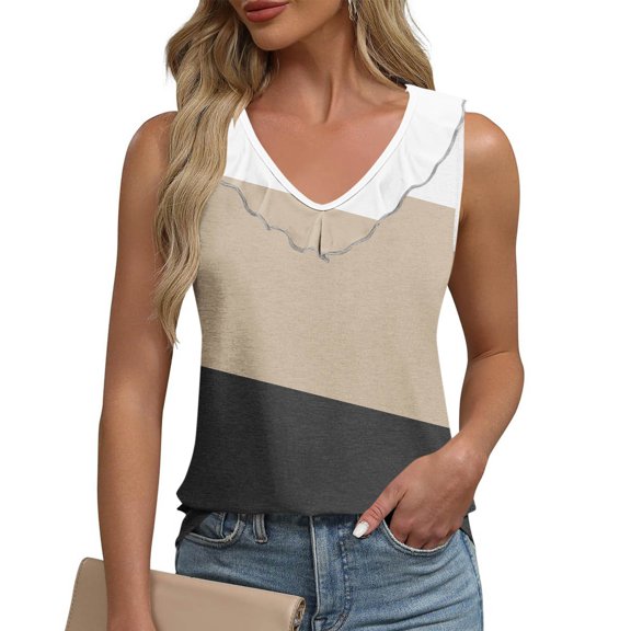 ITSAME Women's Tank Tops, Loose Fit Color Block V Neck Summer Causal Fashion Blouse Khaki S