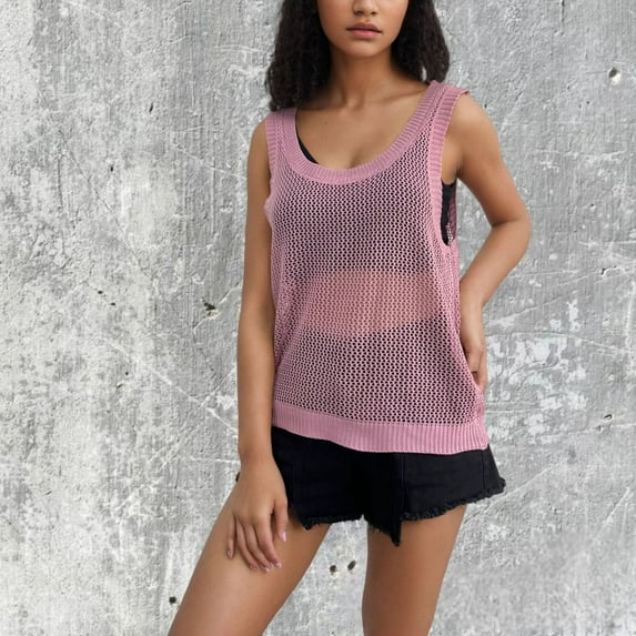 ITSAME Women's Tank Tops, Mesh Hollow Out Sleeveless Breathable Fashion Summer Casual Beach Blouse Hot Pink M