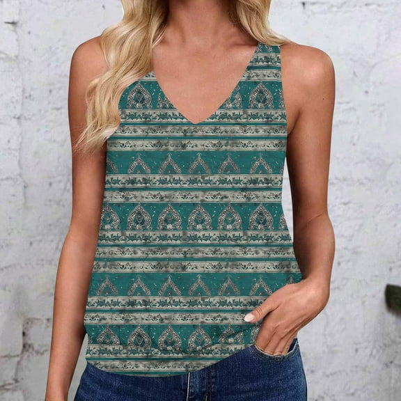 ITSAME Women's Tank Tops, Retro Prints Sleeveless V-Neck Summer Casual Loose Basic Blouse Navy 3XL