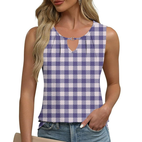 ITSAME Women's Tank Tops, Sleeveless Checked Graphic V Neck Summer 2025 Fashion Casual Blouse Purple S
