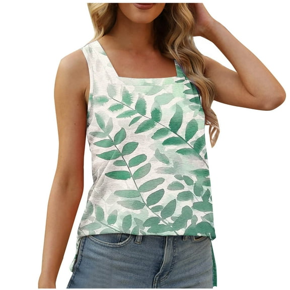 ITSAME Women's Tank Tops, Sleeveless Square Neck Casual Loose Shirt Ladies Summer Flowy Blouse Green 4XL