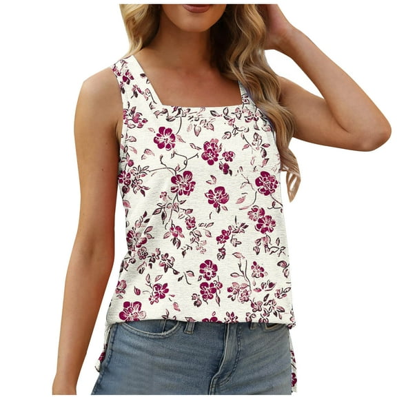ITSAME Women's Tank Tops, Sleeveless Square Neck Floral Prints Summer Shirt Casual Loose Flowy Blouse Watermelon Red 2XL