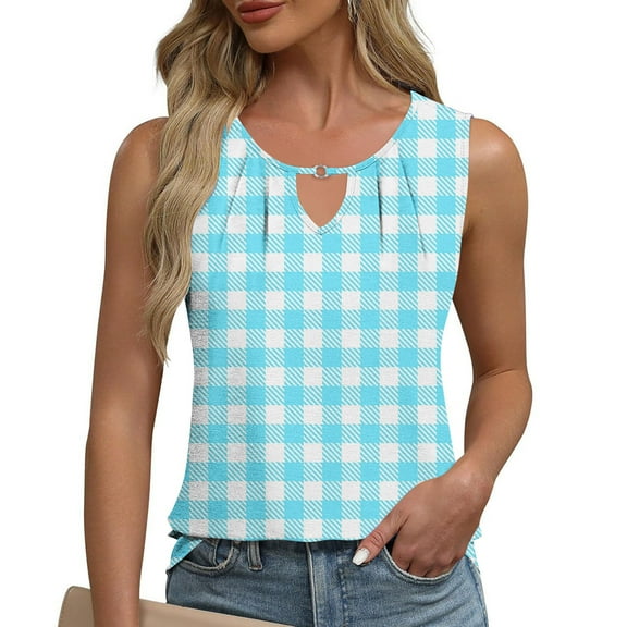 ITSAME Women's Tank Tops, Sleeveless V Neck Checked Graphic Summer 2025 Fashion Casual Blouse Light Blue M