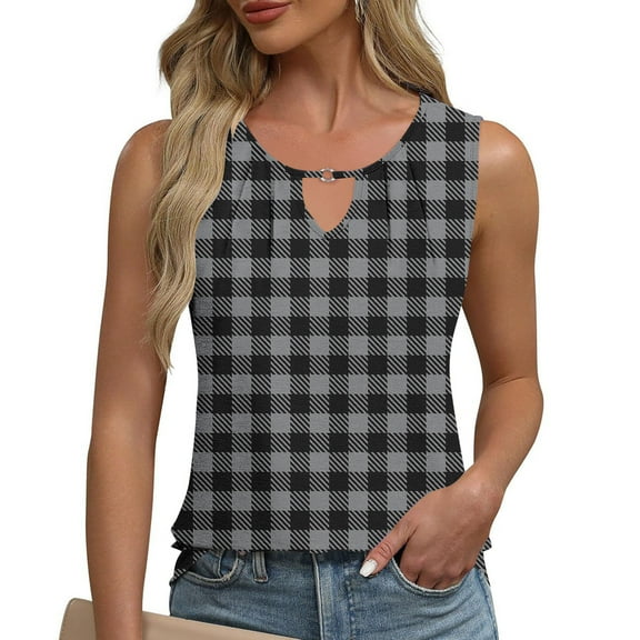 ITSAME Women's Tank Tops, V Neck Checked Graphic Sleeveless Summer 2025 Fashion Casual Blouse Dark Gray L