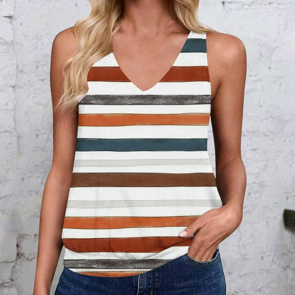 ITSAME Women's Tank Tops, V-Neck Sleeveless Striped Summer Casual Daily Loose Blouse Orange L