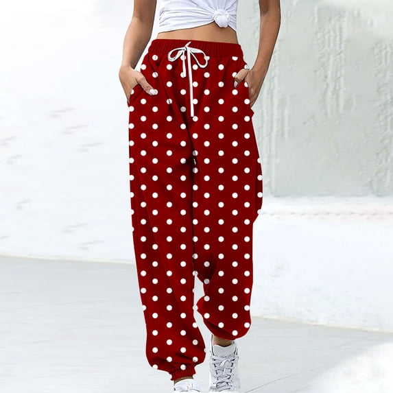 ITSAME Women's Tapered Pants Polka Dot Print High Waist Drawstring Ladies Loose Casual Pants Wine Size 2XL