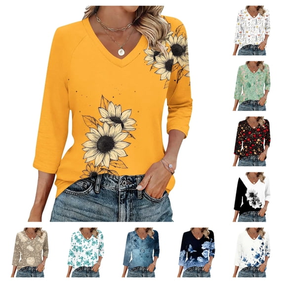 ITSAME Women's Tops, Floral Print V-Neck 3/4 Sleeve Ladies Fashion Casual Blouses Multicolor Size L