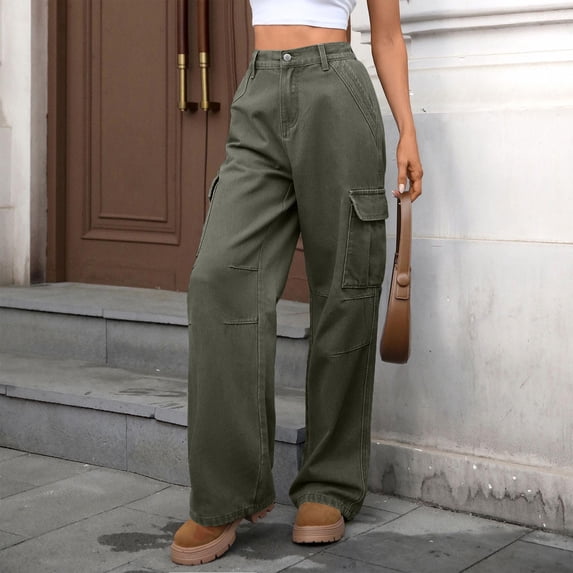 ITSAME Women's Wide Leg Cargo Pants High Waist Loose Fit Multi-Pocket Trendy Casual Trousers Army Green Size L