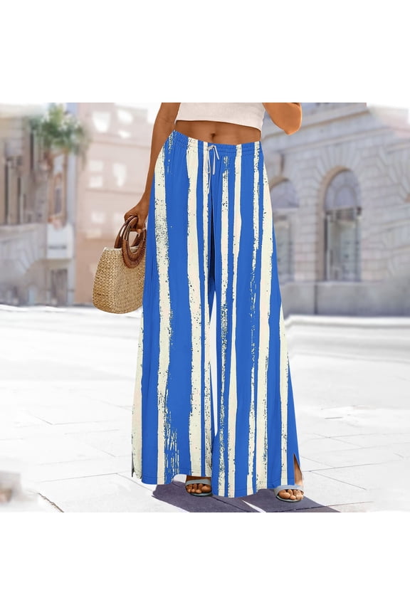 Women's Wide Leg Pants Split Hem Drawstring Elastic Waist Striped Print Loose Casual Pants Blue Size L