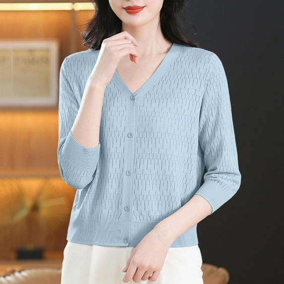 ITSAME Womens 3/4 Sleeve Cardigan, V Neck Buttons Lightweight Comfort Button Down Casual Knit Outwear Light Blue Free Size