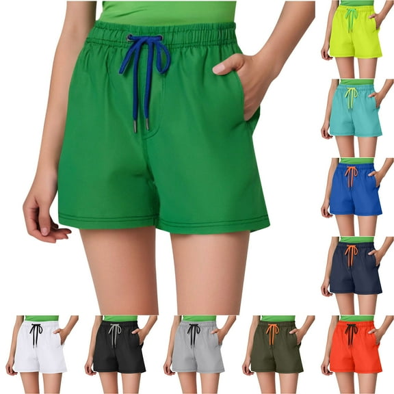 ITSAME Womens Bermuda Shorts, Pockets Elastic Waist Solid Summer Beach Sports Shorts Green L
